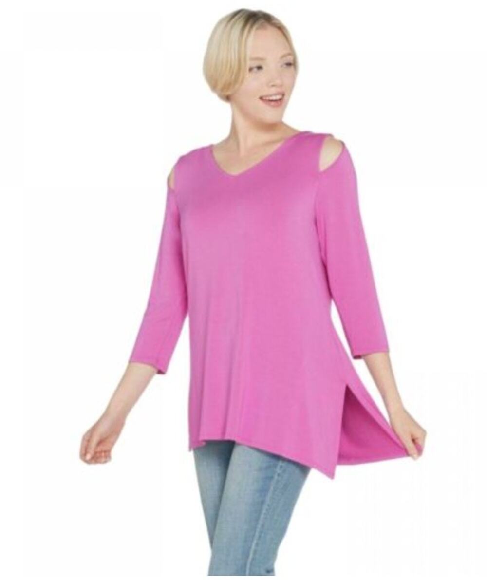 Belle by Kim Gravel Knit Top XXS Purple Asymmetric Hem Slit Shoulder Detail NWOT
